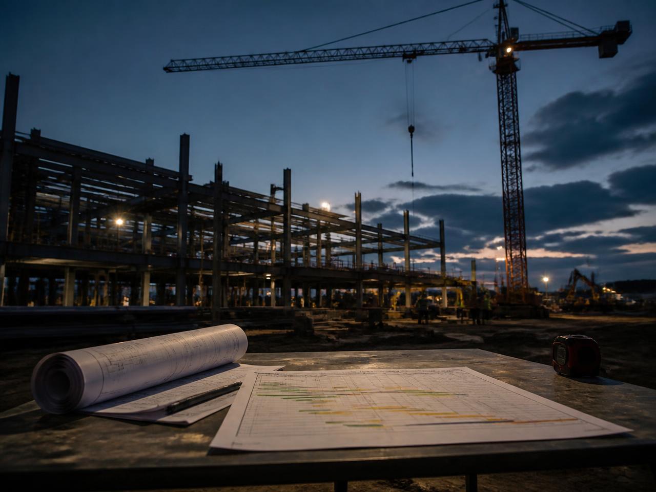 Construction site review with drawings, a schedule printout and field documentation