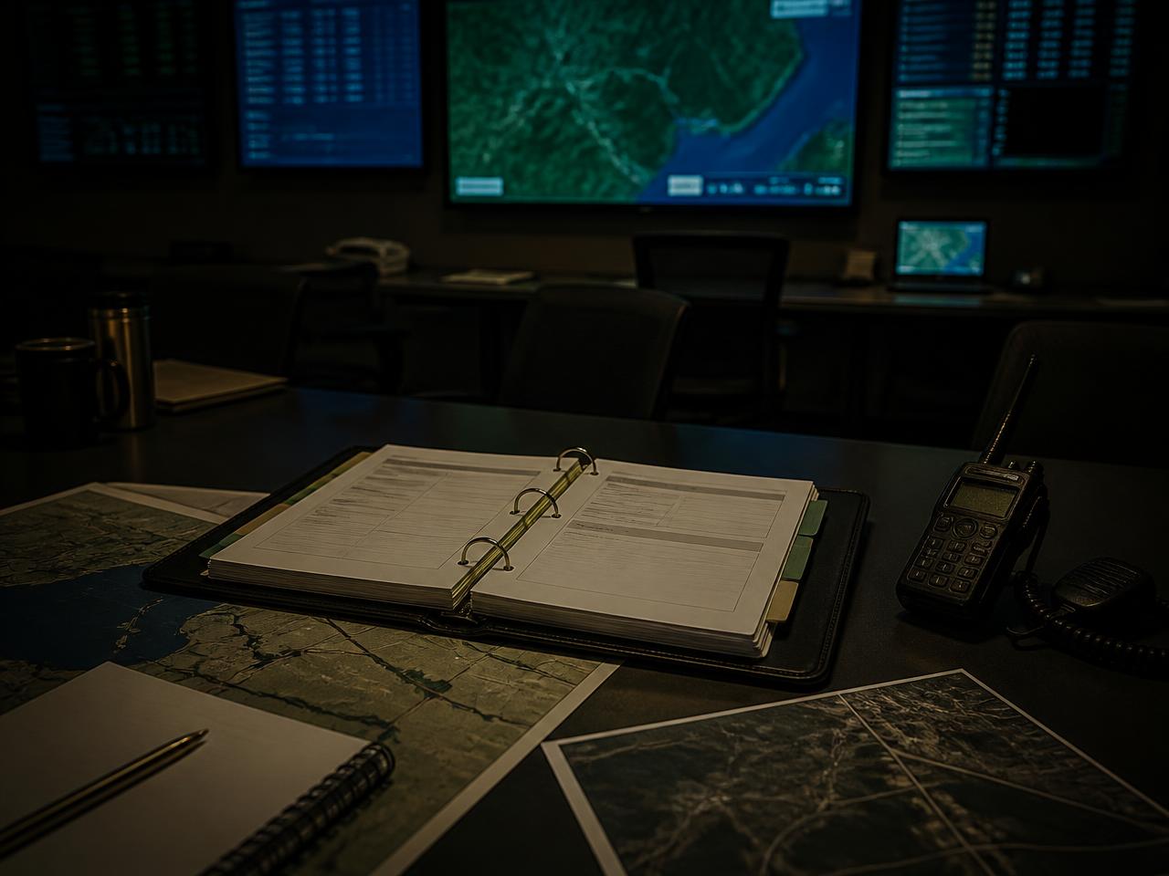 Emergency operations coordination table with incident maps and a continuity binder