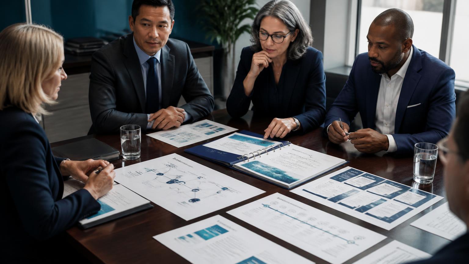 A professional team conducting a tabletop technology resilience exercise with a continuity binder, dependency map, incident timeline, and decision cards on a conference table