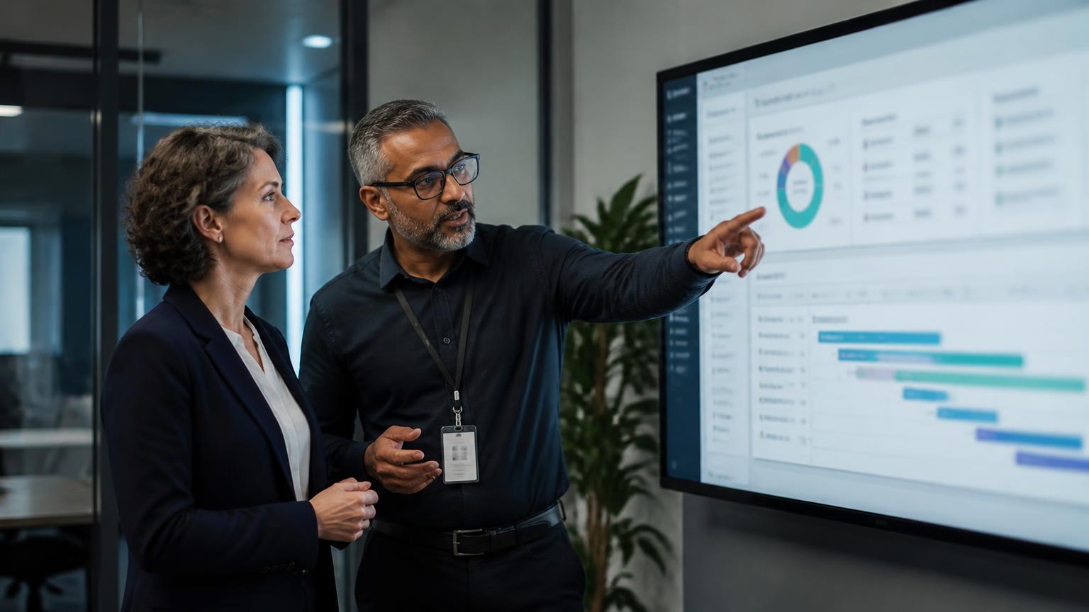 A senior systems administrator and an operations leader reviewing a service-management dashboard and application lifecycle roadmap in an office