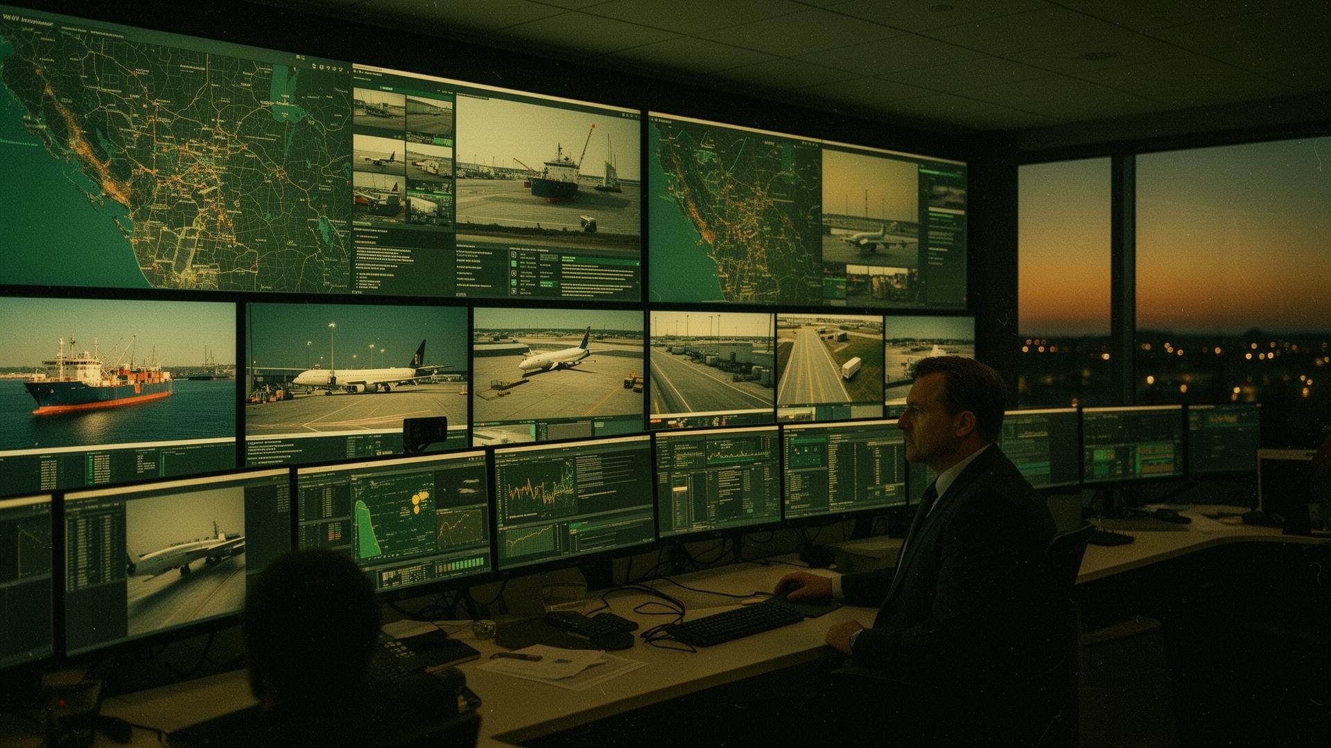 Transportation security operations center at dusk with wall of monitors showing multimodal surveillance — aviation, maritime, rail, and highway