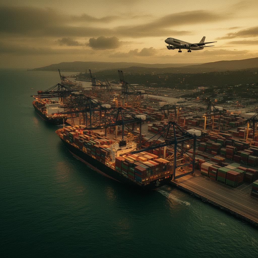 Aerial view of a container port at twilight with cargo aircraft on approach overhead