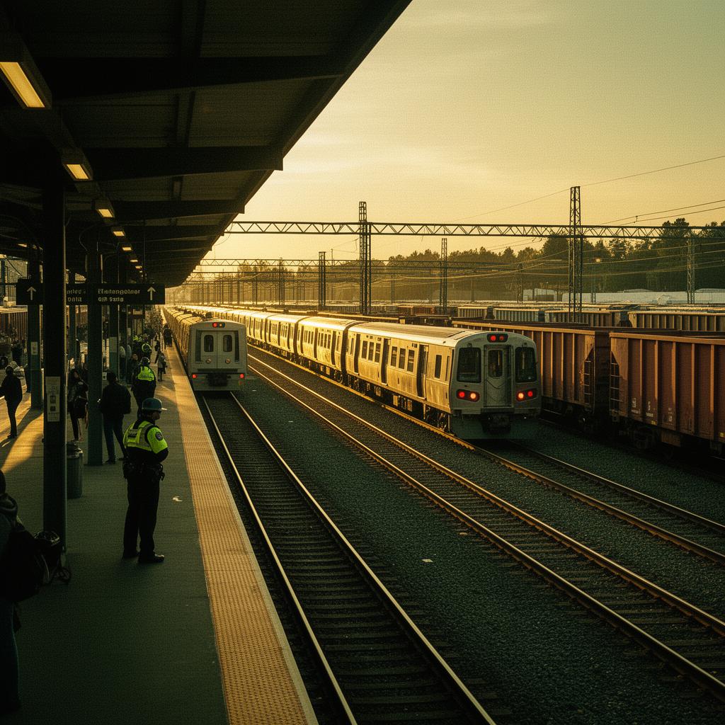 Transit police officer monitoring a passenger rail platform at golden hour with a freight rail yard in the background