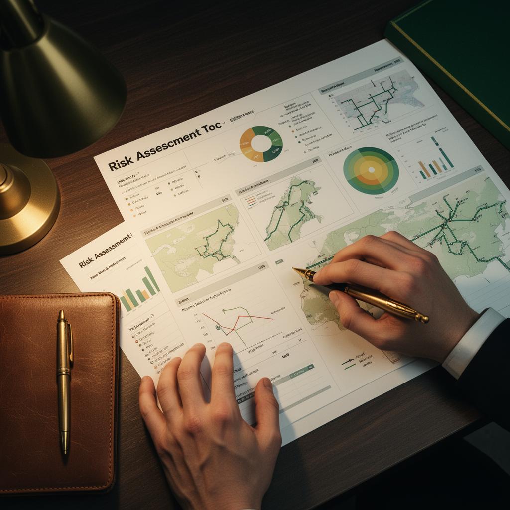 Senior consultant reviewing a printed transportation risk-assessment dashboard with pipeline route maps and consequence-analysis charts